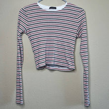 Load image into Gallery viewer, Size 10 Brandy Melville Red White Blue Stripe Ripped Long Sleeve Crop Top
