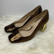 Load image into Gallery viewer, Size 7.5 Zara Bronze Square Toe Gold Block Heel Shoes
