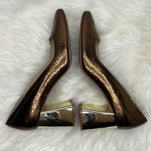 Load image into Gallery viewer, Size 7.5 Zara Bronze Square Toe Gold Block Heel Shoes
