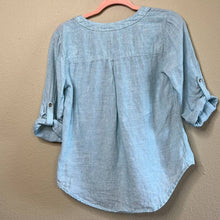 Load image into Gallery viewer, Sz 2 Maeve Anthropologie Blue Linen Marva Lace Up Front Top
