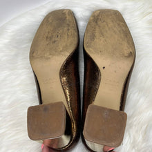 Load image into Gallery viewer, Size 7.5 Zara Bronze Square Toe Gold Block Heel Shoes
