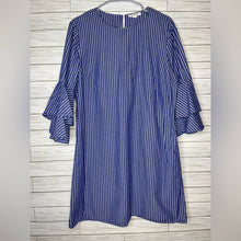 Load image into Gallery viewer, Large Beach Lunch Lounge Blue White Stripe Ruffle Sleeve Cotton Shift Dress
