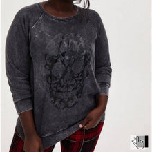 Load image into Gallery viewer, 3X Torrid Plus Black Mineral Wash Skull Raglan Fleece Sweatshirt
