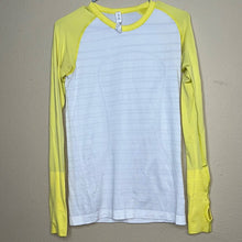 Load image into Gallery viewer, Size 8 Lululemon Run Swiftly Tech Yellow White Raglan Long Sleeve Shirt

