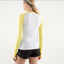 Load image into Gallery viewer, Size 8 Lululemon Run Swiftly Tech Yellow White Raglan Long Sleeve Shirt
