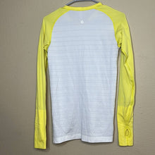 Load image into Gallery viewer, Size 8 Lululemon Run Swiftly Tech Yellow White Raglan Long Sleeve Shirt

