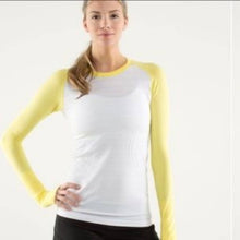Load image into Gallery viewer, Size 8 Lululemon Run Swiftly Tech Yellow White Raglan Long Sleeve Shirt
