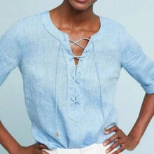 Load image into Gallery viewer, Sz 2 Maeve Anthropologie Blue Linen Marva Lace Up Front Top
