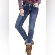 Load image into Gallery viewer, Size 29 Miss Me Signature Rise Silent Embroidered Detail Cuffed Skinny Denim Jeans
