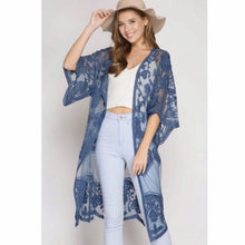 Load image into Gallery viewer, Medium/ Large She + Sky Teal Lace Duster Overlay Kimono
