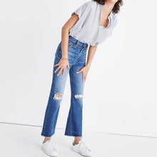 Load image into Gallery viewer, Size 30 Madewell Retro Crop Bootcut Jeans: Knee-Rip Edition
