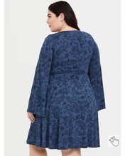 Load image into Gallery viewer, Torrid | BLUE FLORAL BELL SLEEVE JERSEY SKATER DRESS
