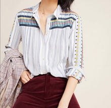 Load image into Gallery viewer, Anthropologie Pilcro And The Letterpress Blue Stripe Embroidered Button Up
