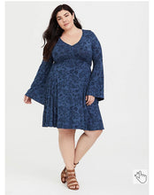 Load image into Gallery viewer, Torrid | BLUE FLORAL BELL SLEEVE JERSEY SKATER DRESS

