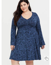Load image into Gallery viewer, Torrid | BLUE FLORAL BELL SLEEVE JERSEY SKATER DRESS
