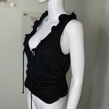 Load image into Gallery viewer, Size Large Fredericks Of Hollywood Black Lace Up Cut Out Ruffle Tank Top
