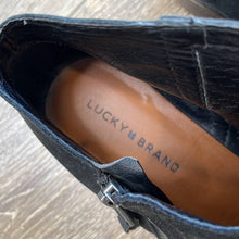 Load image into Gallery viewer, Sz 10.5 Lucky Brand Black Perforated Side Zip Heeled Ankle Booties
