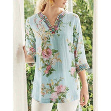 Load image into Gallery viewer, Petite Medium Soft Surroundings Petite Blue Pink Floral Embroidered Peasant Boho Tunic Top
