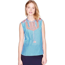 Load image into Gallery viewer, Size 2 J. Crew Neon Embroidered Teal Tassel Blouse
