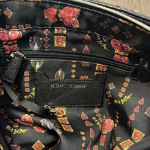 Load image into Gallery viewer, Betsey Johnson Black Leopard Floral Print Sequin Purse With Heart Key Chain

