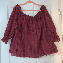 Load image into Gallery viewer, 2XL Lane Bryant Maroon Pink Eyelet Off Shoulder Blouse

