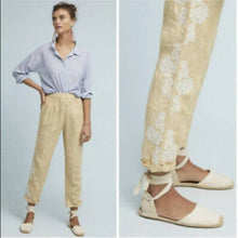 Load image into Gallery viewer, Size Small Anthropologie Yellow White Stripe Linen Lace Embroidered Floral Pants
