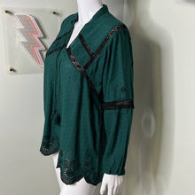 Load image into Gallery viewer, Small Zara NWT Emerald Green Eyelet Peasant Style Long Sleeve Top With Black Lace
