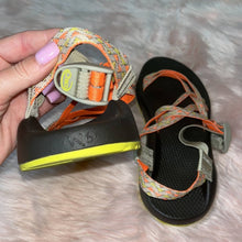 Load image into Gallery viewer, Size 6 Chaco Neon Orange &amp; Yellow Geometric Print Double Strap Sandals
