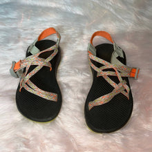Load image into Gallery viewer, Size 6 Chaco Neon Orange &amp; Yellow Geometric Print Double Strap Sandals
