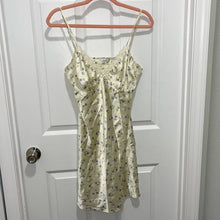 Load image into Gallery viewer, Medium Adonna Vintage Pastel Yellow &amp; Blue Floral Print Satin Night Gown Dress
