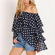 Load image into Gallery viewer, Medium Show Me Your Mumu Navy Blue Ruffle Off Shoulder Chi Chi Top Dippin Dots
