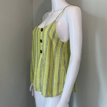 Load image into Gallery viewer, Large E &amp; M Buckle Lime Green Stripe Asymmetrical Button Tank
