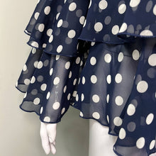 Load image into Gallery viewer, Medium Show Me Your Mumu Navy Blue Ruffle Off Shoulder Chi Chi Top Dippin Dots

