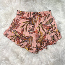 Load image into Gallery viewer, Sz Small Old Fable Pink Orange Coral Tropical Leaves Ruffle High Waisted Tie Shorts
