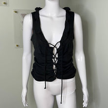 Load image into Gallery viewer, Size Large Fredericks Of Hollywood Black Lace Up Cut Out Ruffle Tank Top

