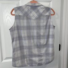 Load image into Gallery viewer, Large Wrangler Blues Vintage Cotton Sleeveless Plaid Pearl Snap Button Up Shirt
