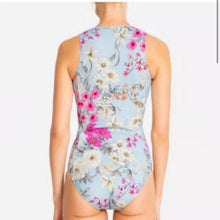 Load image into Gallery viewer, Small Johnny Was Belladonna Neoprene One pIece Front Zip Blue Floral Swim Suit
