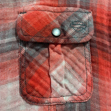 Load image into Gallery viewer, Large Harley Davidson red plaid gauze cotton pearl snap short sleeve top embroidered
