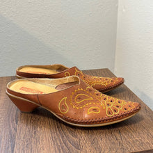Load image into Gallery viewer, Size 4.5-5 Pikolino Orange Yellow Embroidered Leather Western Mules
