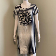 Load image into Gallery viewer, Size Large Kate Spade Navy &amp; White Stripped T-Shirt Dress with Flower On Front
