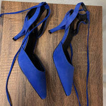Load image into Gallery viewer, Size 8.5 JustFab Blue Gracie Ankle Lace-Up Heels
