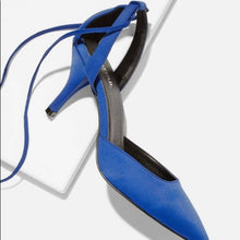 Load image into Gallery viewer, Size 8.5 JustFab Blue Gracie Ankle Lace-Up Heels
