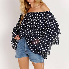 Load image into Gallery viewer, Medium Show Me Your Mumu Navy Blue Ruffle Off Shoulder Chi Chi Top Dippin Dots
