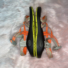 Load image into Gallery viewer, Size 6 Chaco Neon Orange &amp; Yellow Geometric Print Double Strap Sandals
