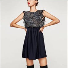 Load image into Gallery viewer, Medium Zara Navy Blue Frayed Tweed V-Back Sleeveless Dress

