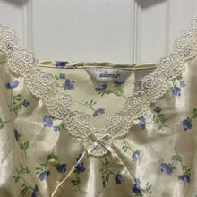 Load image into Gallery viewer, Medium Adonna Vintage Pastel Yellow &amp; Blue Floral Print Satin Night Gown Dress
