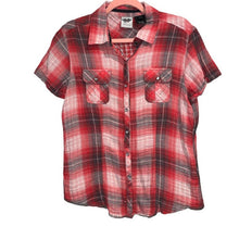 Load image into Gallery viewer, Large Harley Davidson red plaid gauze cotton pearl snap short sleeve top embroidered
