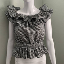Load image into Gallery viewer, Medium Kendall &amp; Kylie Black &amp; White Gingham Print Off Shoulder Ruffle Top
