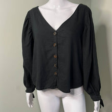 Load image into Gallery viewer, Small Urban Outfitters Black Linen Puff Sleeve V-Neck Button Shirt
