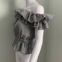 Load image into Gallery viewer, Medium Kendall &amp; Kylie Black &amp; White Gingham Print Off Shoulder Ruffle Top

